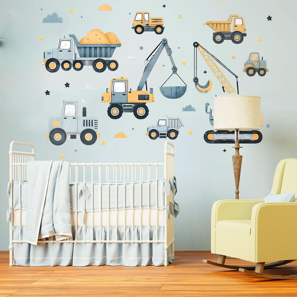 Baby Nursery Wall Decals - Cartoon Excavator Vehicles Set Car Wall