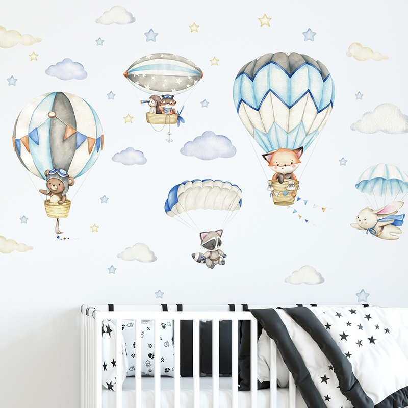 Baby Nursery Wall Decals - Cartoon Cute Animals Hot Air Balloon