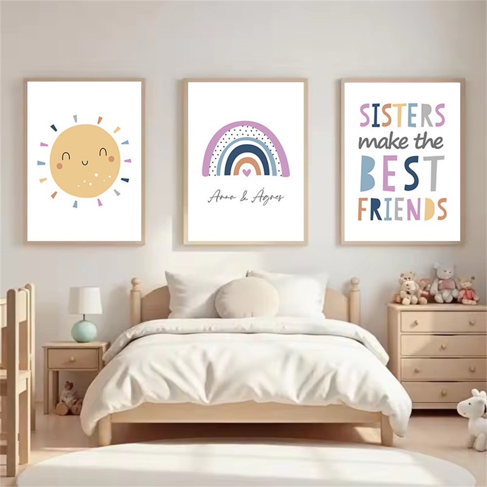 Baby Nursery Name Wall Art - Custom Name Poster Cartoon Sun Rainbow