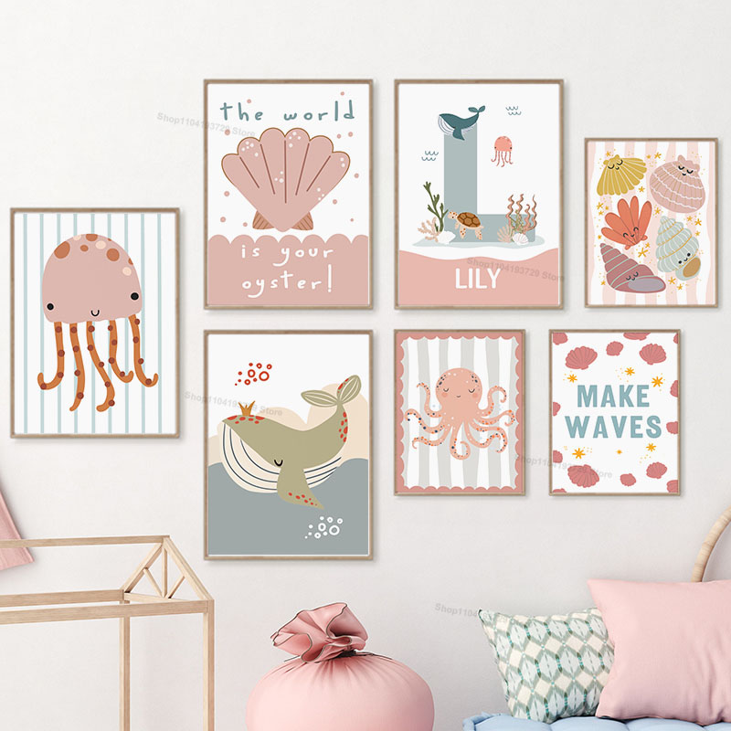 Cartoon Whale Octopus Jellyfis - огляд і ціна Baby Nursery Name Wall Art