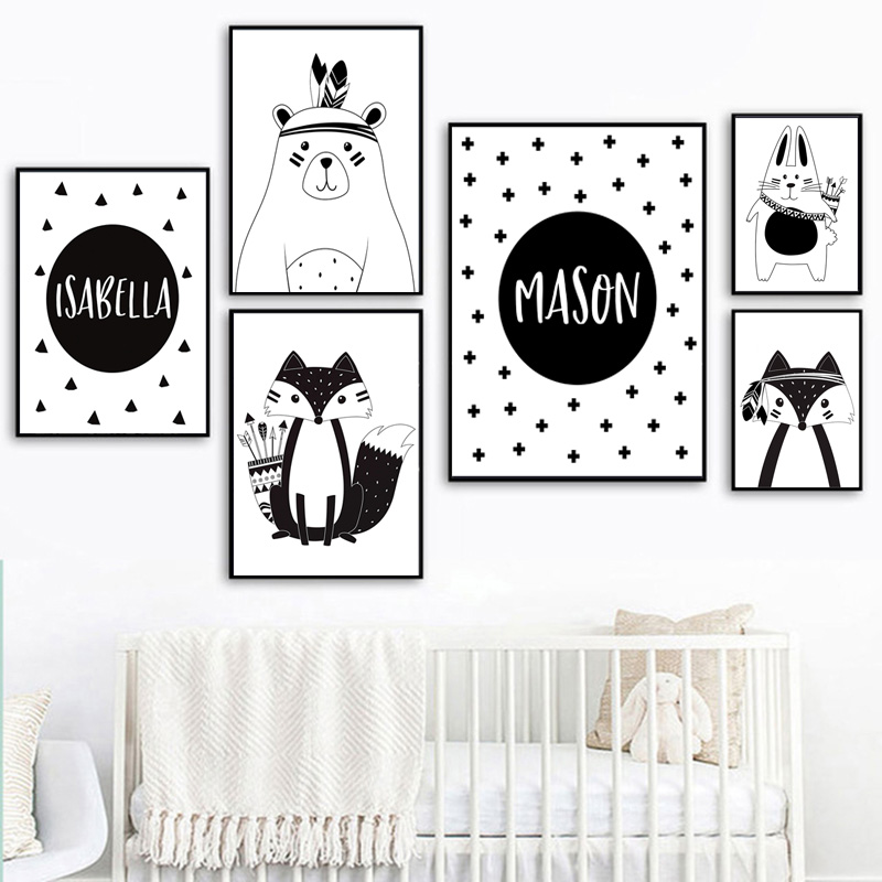 Black White Cartoon Bear Rabbi - огляд і ціна Baby Nursery Name Wall Art