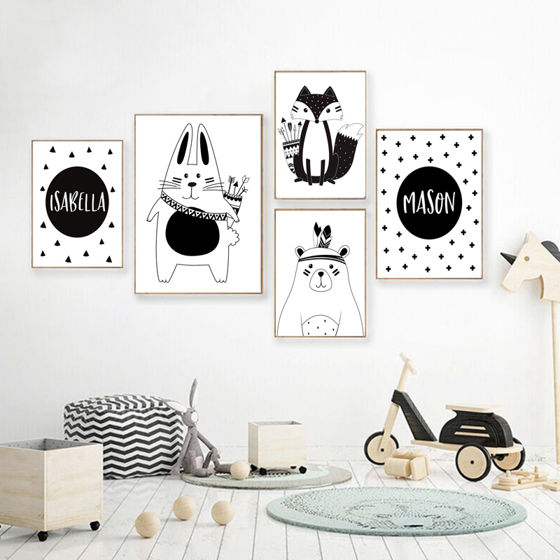 Black White Cartoon Bear Rabbi - огляд і ціна Baby Nursery Name Wall Art