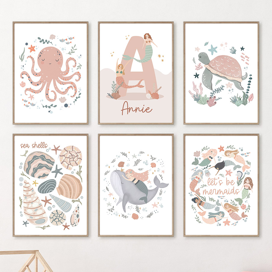 Cartoon Sea Animals Whale Merm - огляд і ціна Baby Nursery Name Wall Art