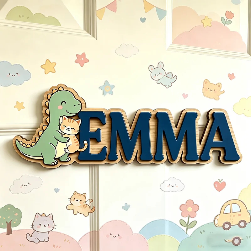 Cute Dinosaur Hugging Cat Cust - огляд і ціна Baby Nursery Name Wall Art