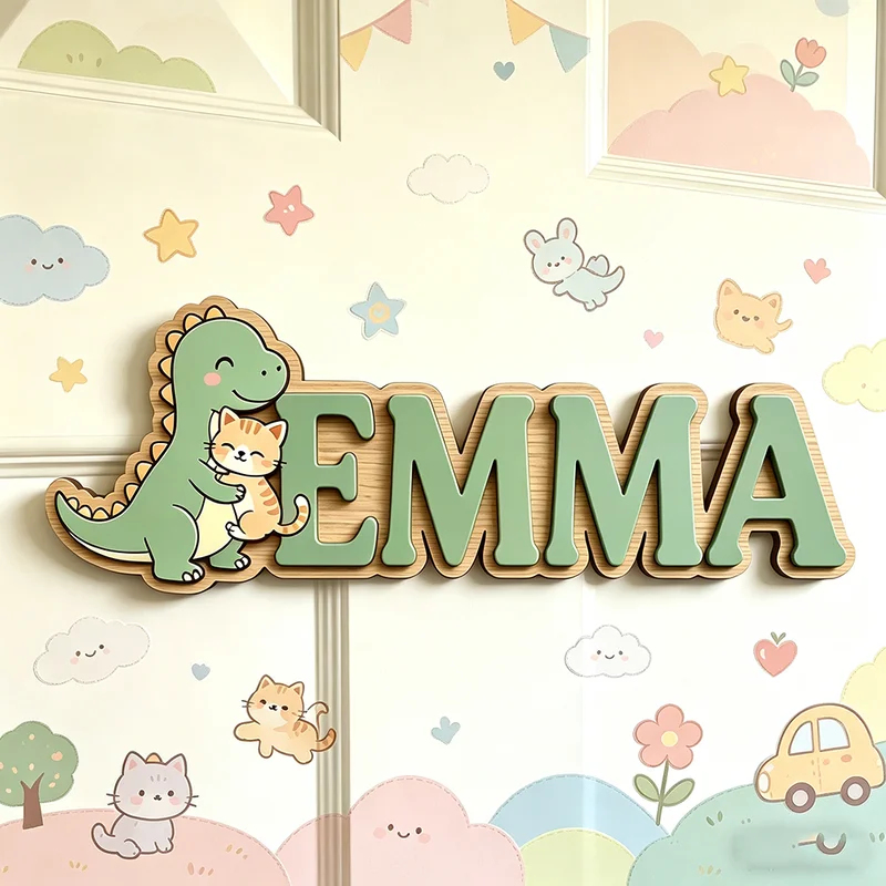 Cute Dinosaur Hugging Cat Cust - огляд і ціна Baby Nursery Name Wall Art