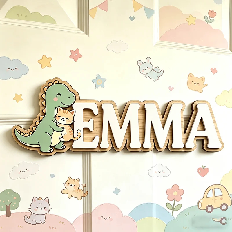 Cute Dinosaur Hugging Cat Cust - огляд і ціна Baby Nursery Name Wall Art