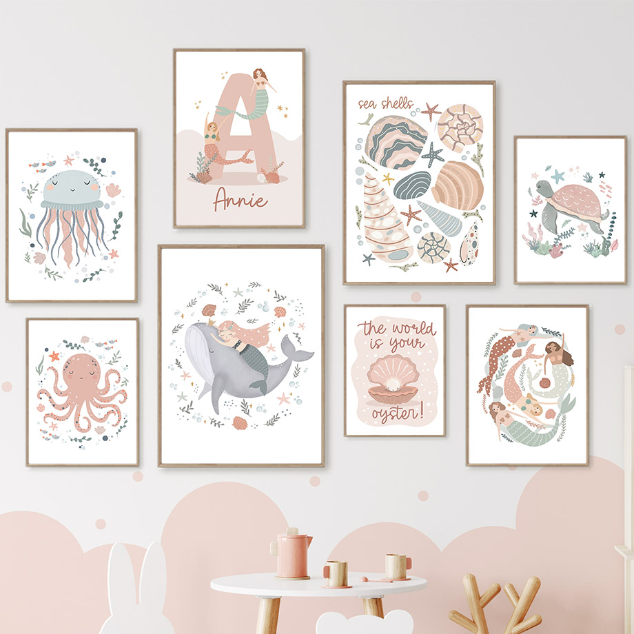 Cartoon Sea Animals Whale Merm - огляд і ціна Baby Nursery Name Wall Art